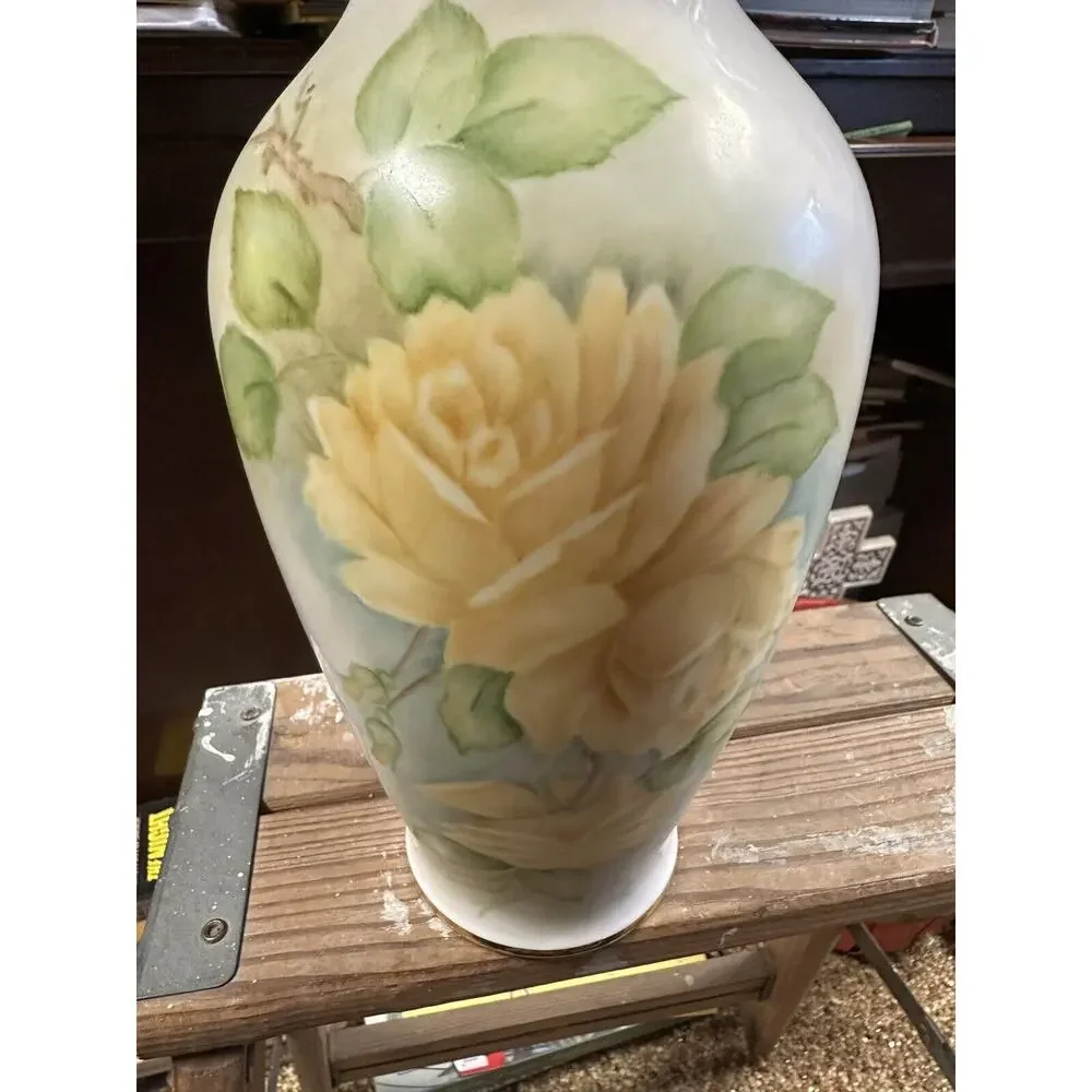Ruth Houston Hand Painted Yellow‎ Rose Porcelain Vase Gold Gilt Rim Vintage